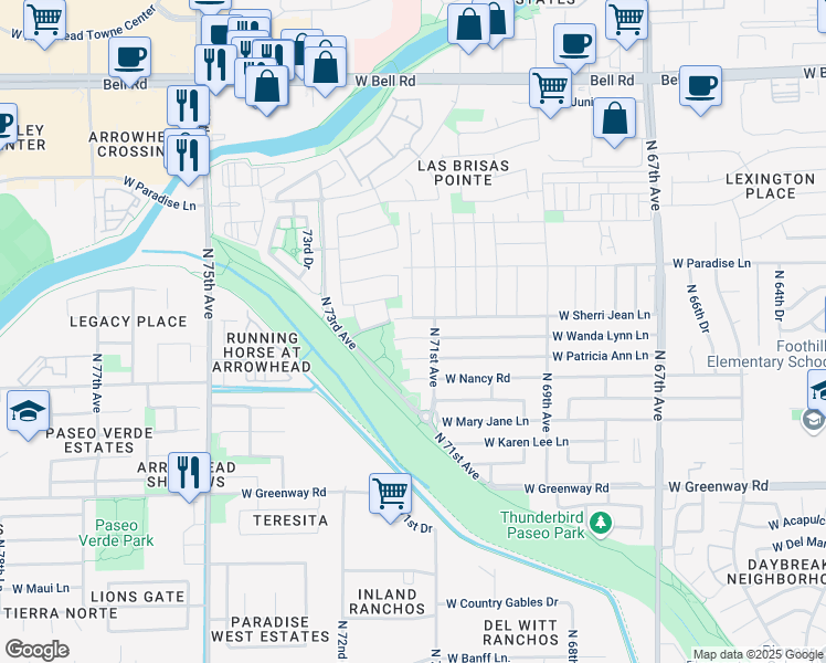 map of restaurants, bars, coffee shops, grocery stores, and more near 7122 West Wanda Lynn Lane in Peoria