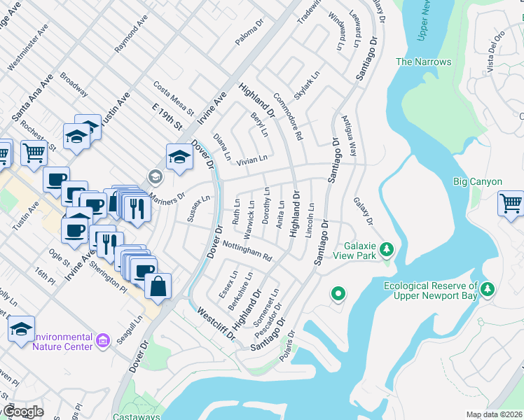 map of restaurants, bars, coffee shops, grocery stores, and more near 1601 Dorothy Lane in Newport Beach