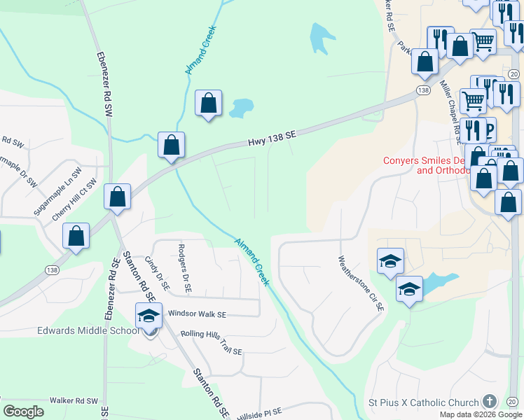 map of restaurants, bars, coffee shops, grocery stores, and more near 2136 Amherst Trail Southeast in Conyers