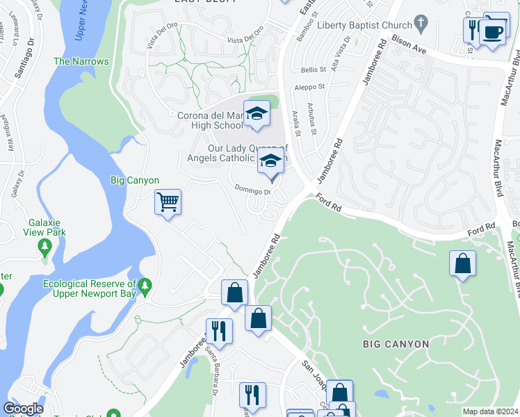 map of restaurants, bars, coffee shops, grocery stores, and more near 806 Amigos Way in Newport Beach