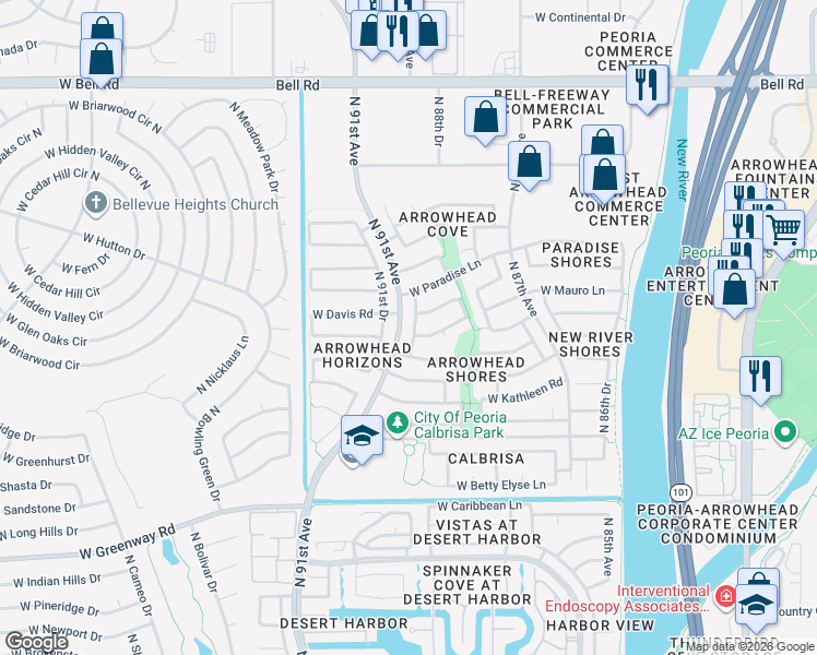 map of restaurants, bars, coffee shops, grocery stores, and more near 16020 North 90th Avenue in Peoria
