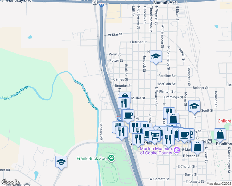 map of restaurants, bars, coffee shops, grocery stores, and more near 608 Interstate 35 in Gainesville