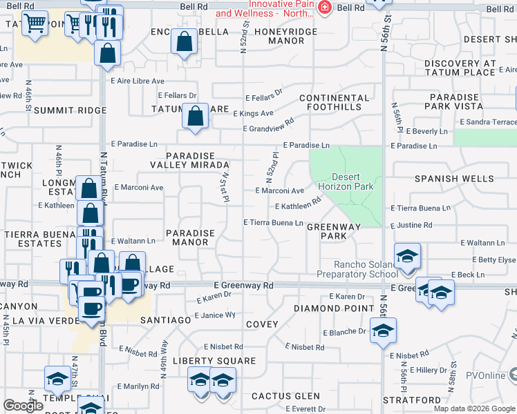 map of restaurants, bars, coffee shops, grocery stores, and more near 3239 East Kathleen Road in Scottsdale