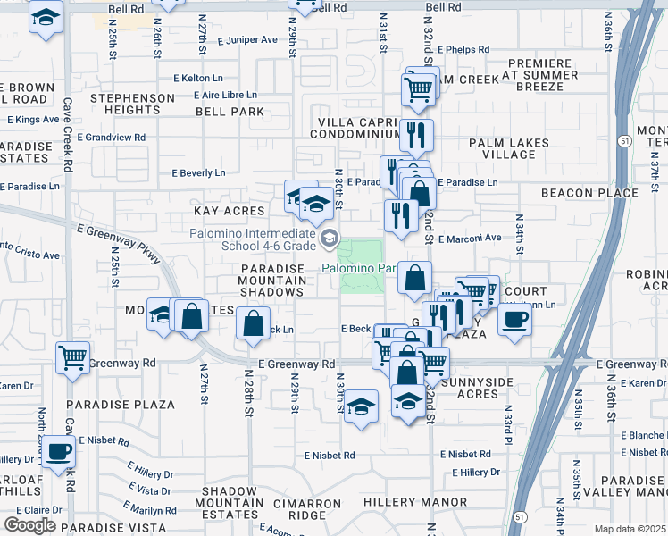 map of restaurants, bars, coffee shops, grocery stores, and more near 15650 North 29th Way in Phoenix