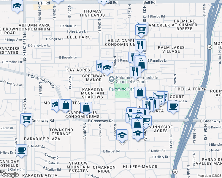 map of restaurants, bars, coffee shops, grocery stores, and more near 15650 North 29th Way in Phoenix