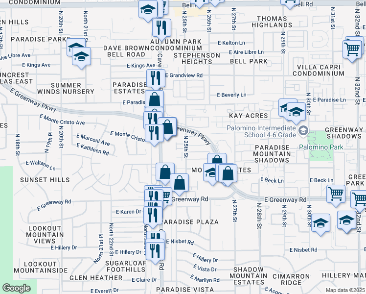 map of restaurants, bars, coffee shops, grocery stores, and more near 15818 North 25th Street in Phoenix