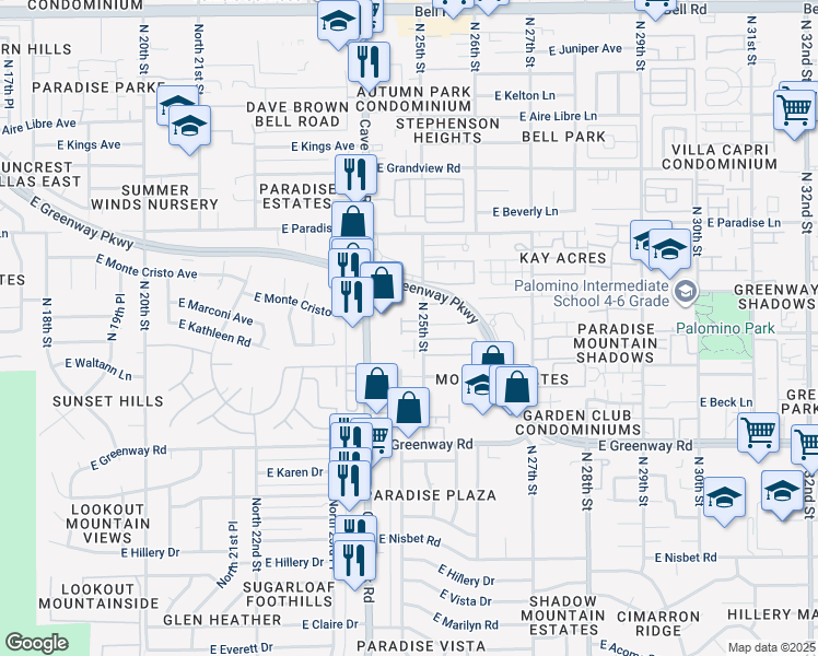 map of restaurants, bars, coffee shops, grocery stores, and more near 15818 North 25th Street in Phoenix