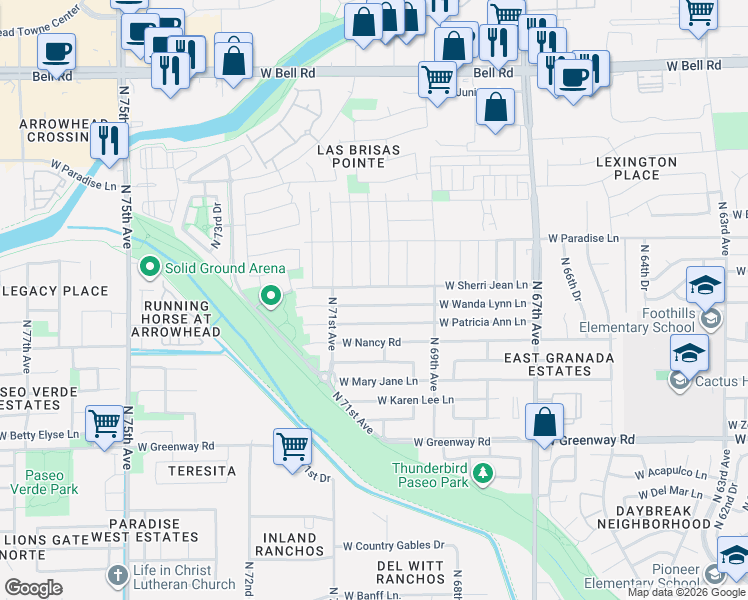 map of restaurants, bars, coffee shops, grocery stores, and more near 6944 West Wanda Lynn Lane in Peoria