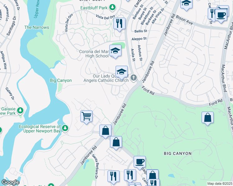map of restaurants, bars, coffee shops, grocery stores, and more near 817 Amigos Way in Newport Beach