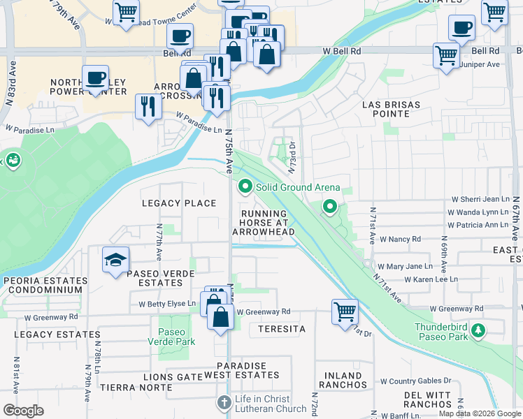 map of restaurants, bars, coffee shops, grocery stores, and more near 7362 West Fargo Drive in Peoria