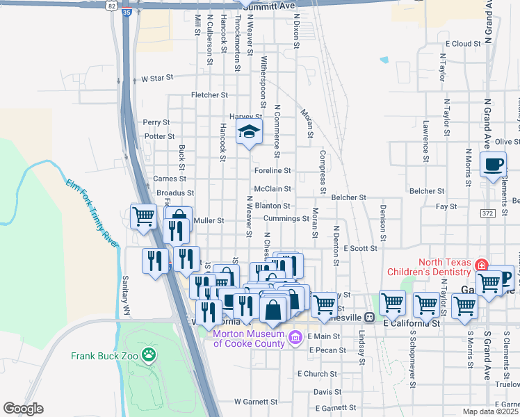map of restaurants, bars, coffee shops, grocery stores, and more near 222 Blanton Street in Gainesville
