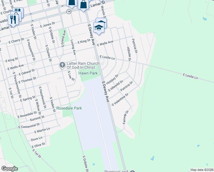 map of restaurants, bars, coffee shops, grocery stores, and more near 1108 South Idlewild Drive in Sherman