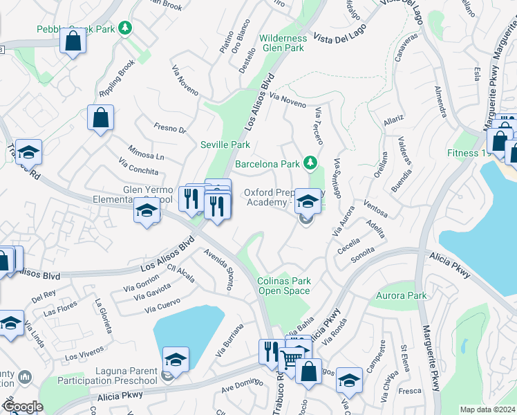 map of restaurants, bars, coffee shops, grocery stores, and more near 26862 Vía San Jose in Mission Viejo