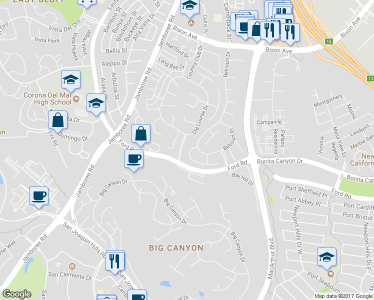 map of restaurants, bars, coffee shops, grocery stores, and more near 8 Rockingham Drive in Newport Beach