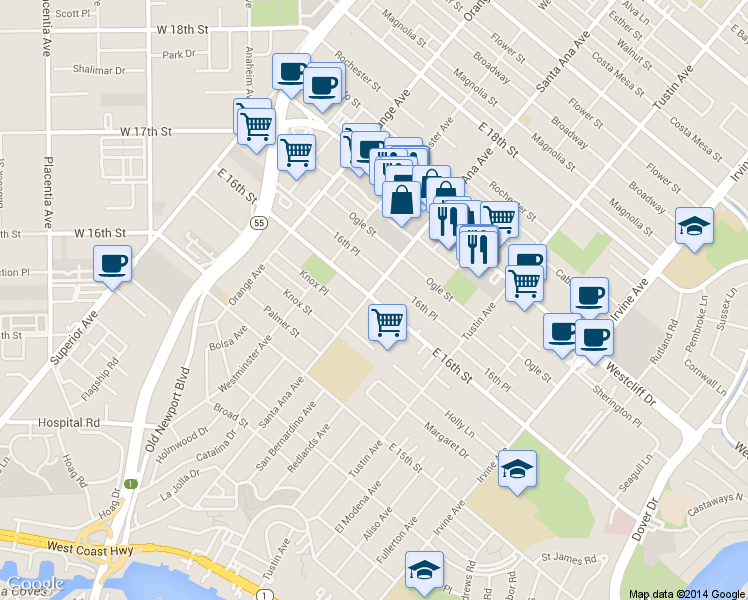 map of restaurants, bars, coffee shops, grocery stores, and more near 307 E 16th St in Costa Mesa