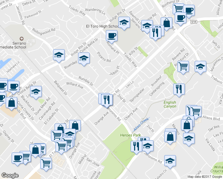 map of restaurants, bars, coffee shops, grocery stores, and more near 22921 Crol Lane in Lake Forest