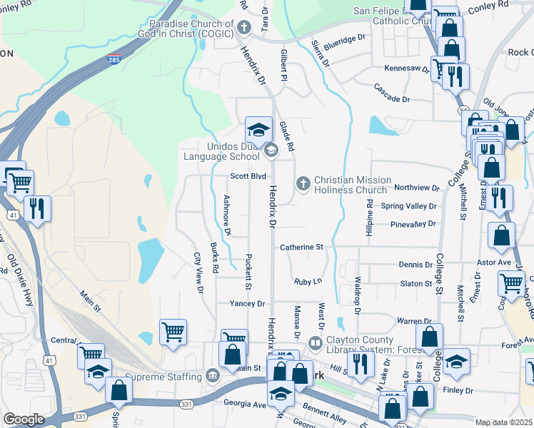 map of restaurants, bars, coffee shops, grocery stores, and more near 4575 Hendrix Dr in Forest Park