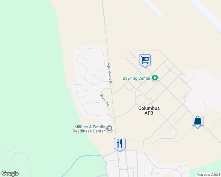 map of restaurants, bars, coffee shops, grocery stores, and more near Independence Drive in Columbus Air Force Base