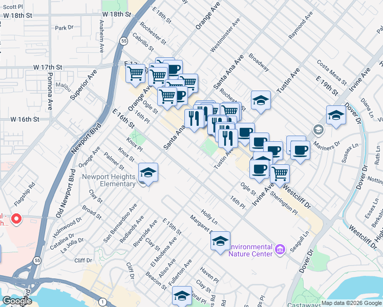 map of restaurants, bars, coffee shops, grocery stores, and more near 346 16th Place in Costa Mesa