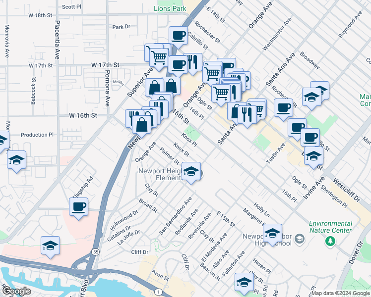 map of restaurants, bars, coffee shops, grocery stores, and more near 252 Knox Street in Costa Mesa