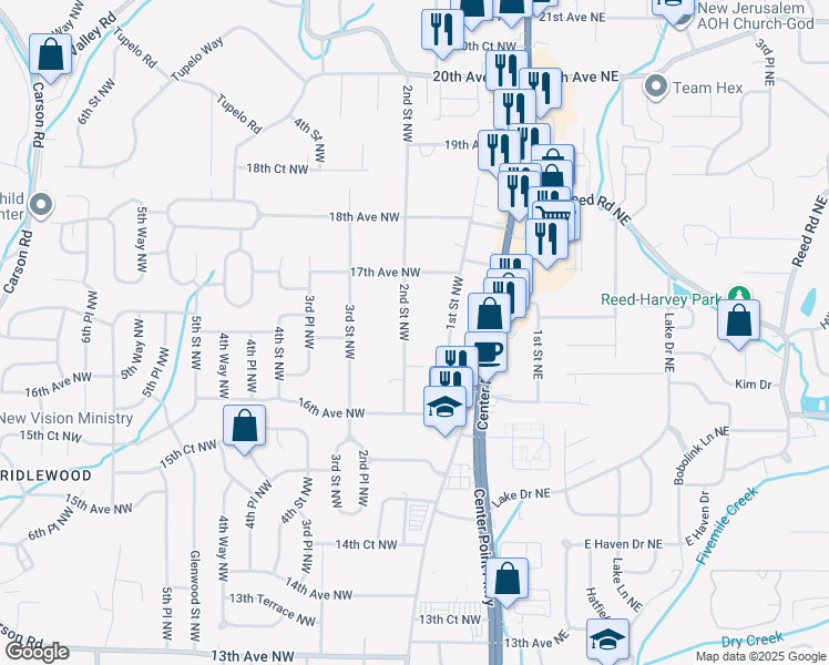 map of restaurants, bars, coffee shops, grocery stores, and more near 1641 2nd Street Northwest in Center Point