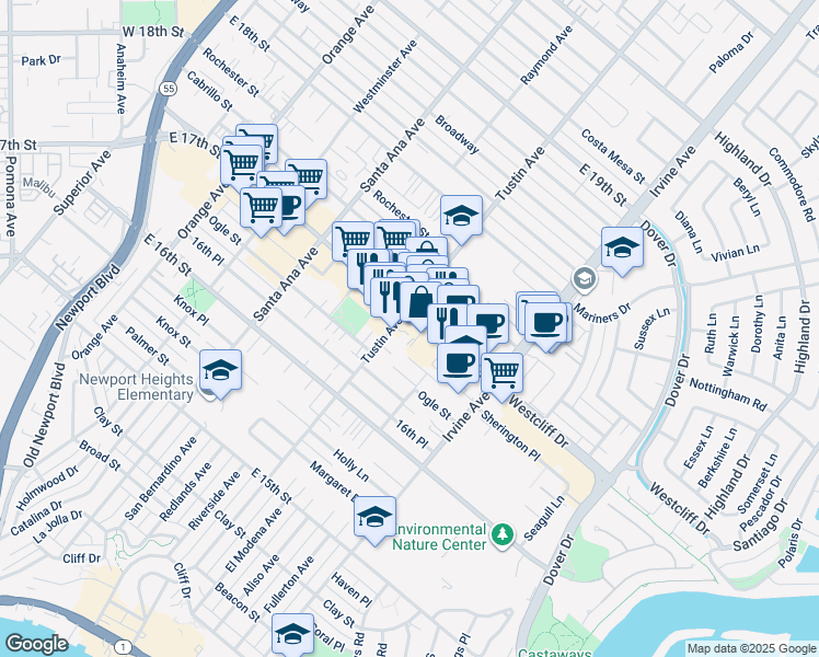 map of restaurants, bars, coffee shops, grocery stores, and more near 401 East 17th Street in Costa Mesa
