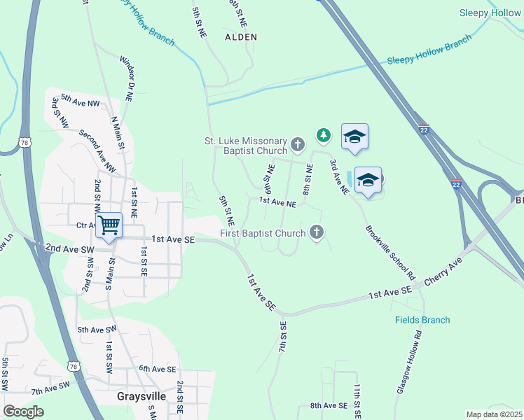 map of restaurants, bars, coffee shops, grocery stores, and more near 76 6th Street Northeast in Graysville