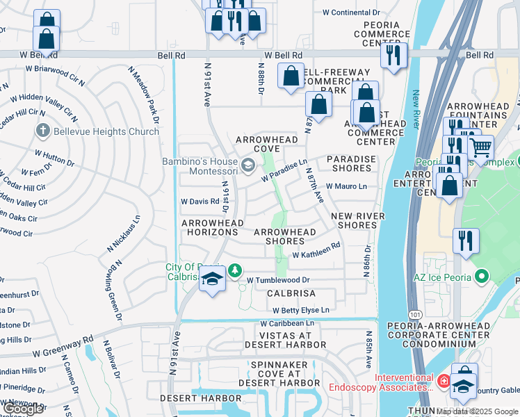 map of restaurants, bars, coffee shops, grocery stores, and more near 8930 West Lockland Court in Peoria