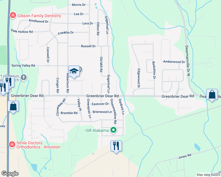 map of restaurants, bars, coffee shops, grocery stores, and more near 1117 Sugarloaf Lane in Anniston