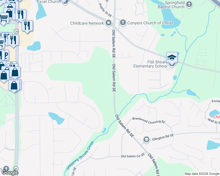 map of restaurants, bars, coffee shops, grocery stores, and more near 2259 Old Salem Road Southeast in Conyers