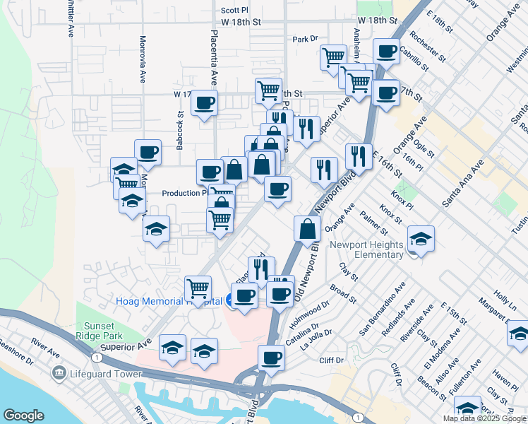 map of restaurants, bars, coffee shops, grocery stores, and more near 520 Superior Avenue in Newport Beach