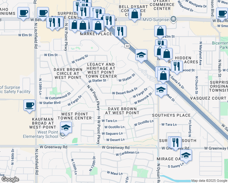 map of restaurants, bars, coffee shops, grocery stores, and more near 13390 West Desert Rock Drive in Surprise