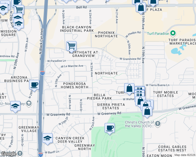 map of restaurants, bars, coffee shops, grocery stores, and more near 15911 North 22nd Lane in Phoenix