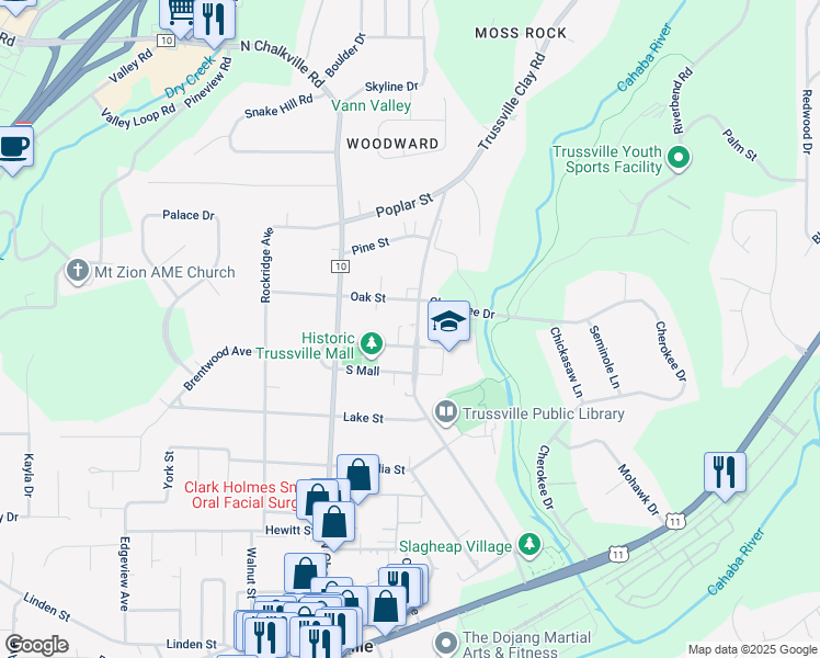 map of restaurants, bars, coffee shops, grocery stores, and more near 406 Parkway Drive in Trussville