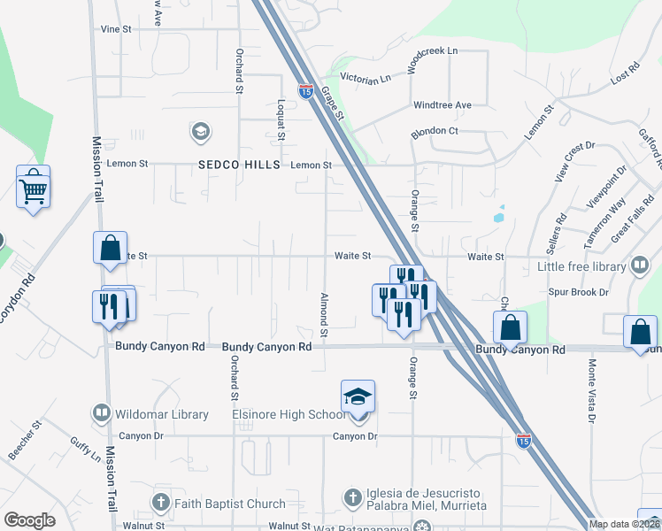 map of restaurants, bars, coffee shops, grocery stores, and more near 33784 Almond Street in Wildomar