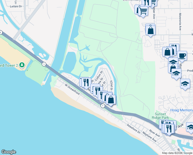 map of restaurants, bars, coffee shops, grocery stores, and more near 401 Lugonia Street in Newport Beach