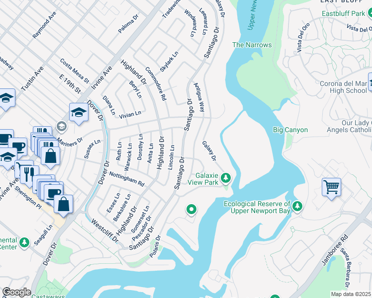 map of restaurants, bars, coffee shops, grocery stores, and more near 1412 Santiago Drive in Newport Beach