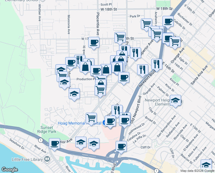 map of restaurants, bars, coffee shops, grocery stores, and more near 1525 Superior Avenue in Newport Beach