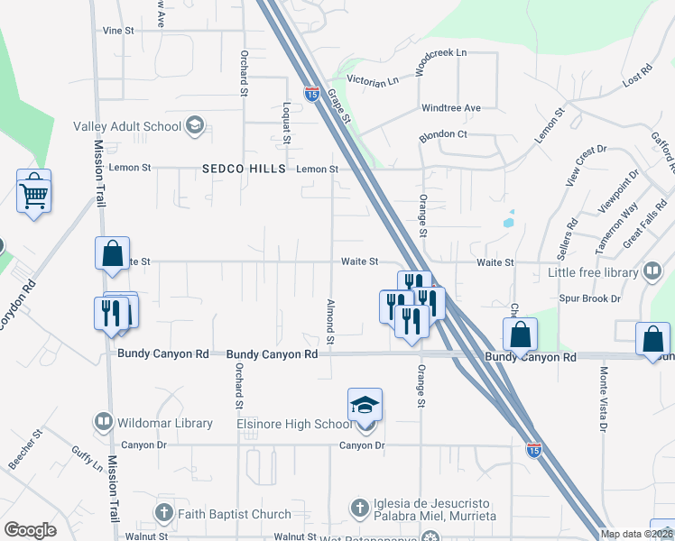 map of restaurants, bars, coffee shops, grocery stores, and more near 33784 Almond Street in Wildomar