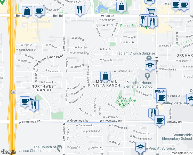 map of restaurants, bars, coffee shops, grocery stores, and more near 15933 West Monte Cristo Avenue in Surprise