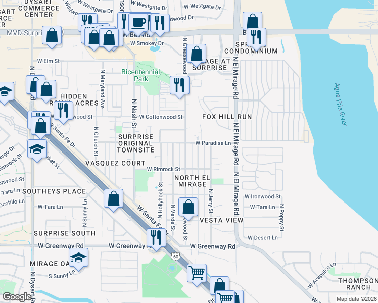 map of restaurants, bars, coffee shops, grocery stores, and more near 16033 North Greasewood Street in Surprise