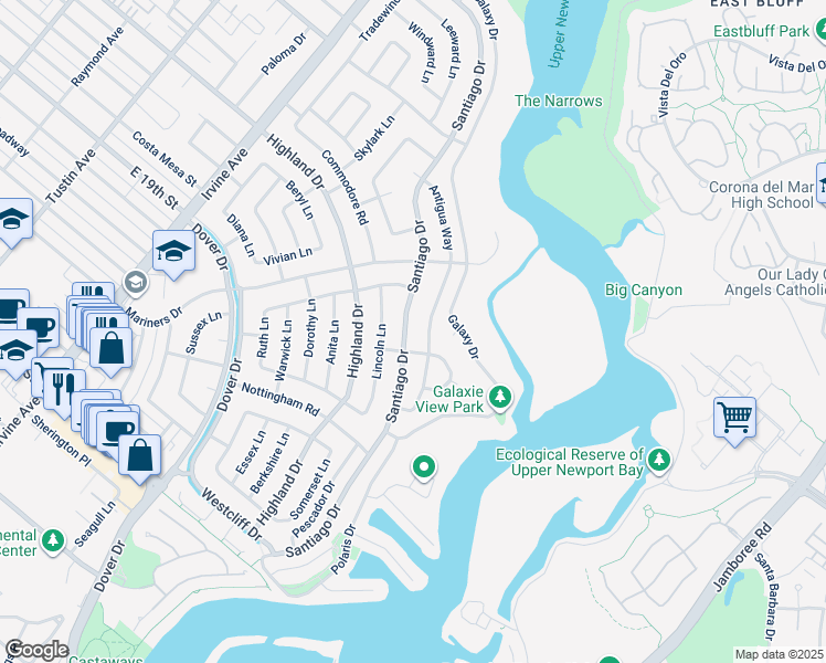 map of restaurants, bars, coffee shops, grocery stores, and more near 1412 Santiago Drive in Newport Beach
