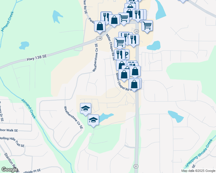map of restaurants, bars, coffee shops, grocery stores, and more near 2109 Boxwood Circle in Conyers