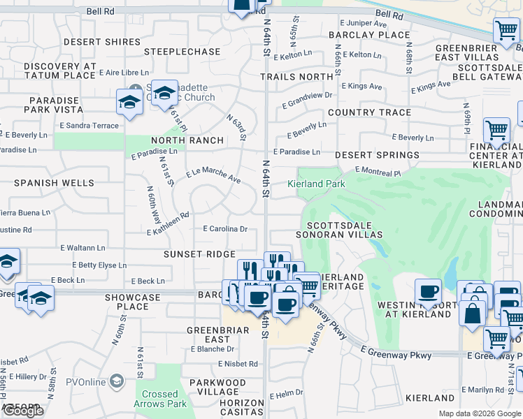 map of restaurants, bars, coffee shops, grocery stores, and more near 6350 East Kathleen Road in Scottsdale