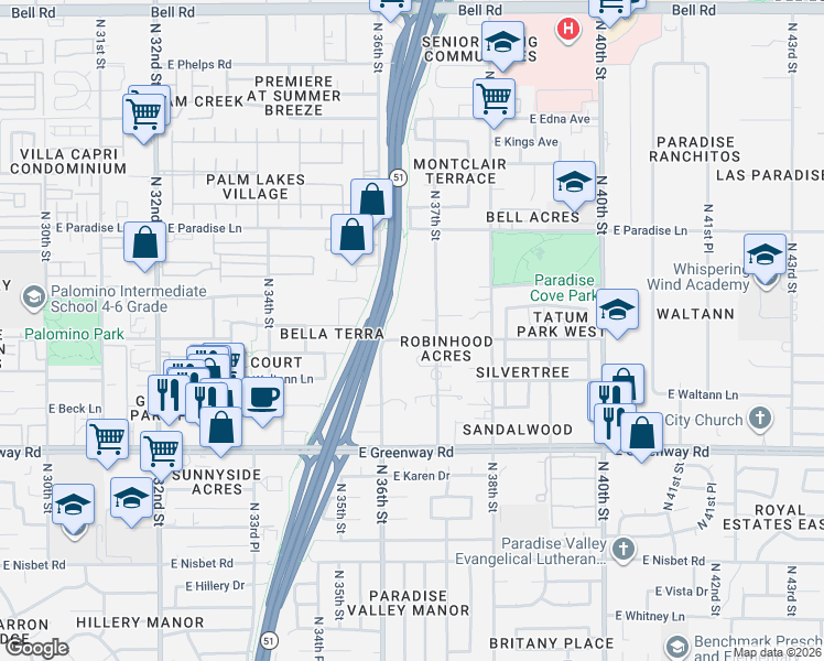 map of restaurants, bars, coffee shops, grocery stores, and more near 3638 East Tierra Buena Lane in Phoenix