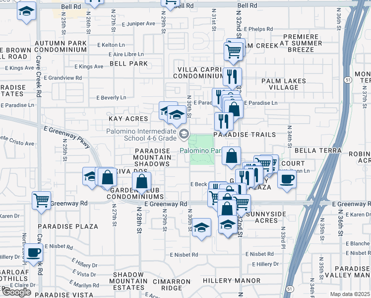 map of restaurants, bars, coffee shops, grocery stores, and more near 15650 North 29th Way in Phoenix