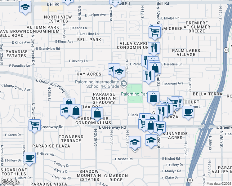 map of restaurants, bars, coffee shops, grocery stores, and more near 15636 North 29th Street in Phoenix