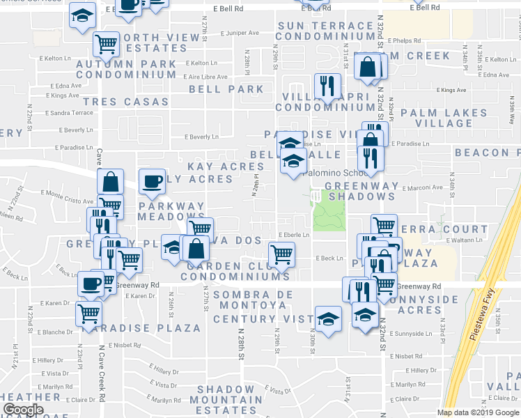 map of restaurants, bars, coffee shops, grocery stores, and more near 2826 East Tracy Lane in Phoenix