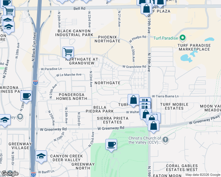 map of restaurants, bars, coffee shops, grocery stores, and more near 2143 West Marconi Avenue in Phoenix