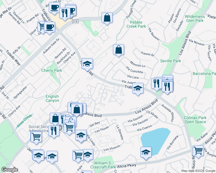 map of restaurants, bars, coffee shops, grocery stores, and more near 22937 Vía Cereza in Mission Viejo